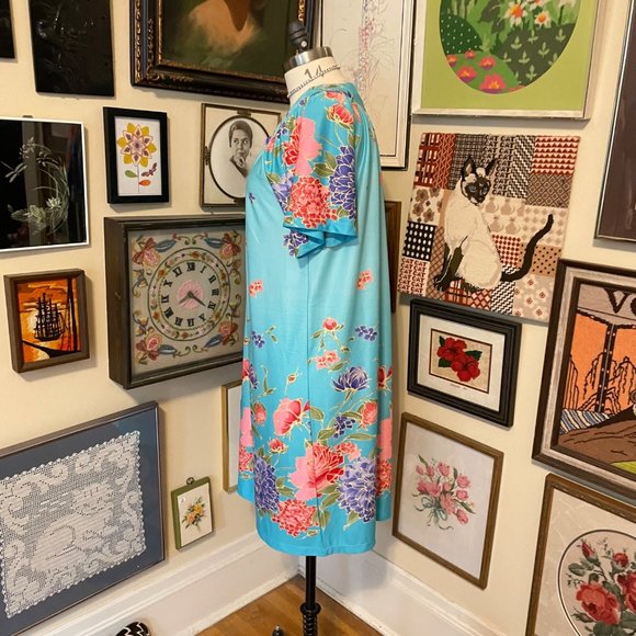 Sawyer Creek Studio Aqua Blue  Purple Pink Floral Polyester House Dress Size M - Picture 2 of 5